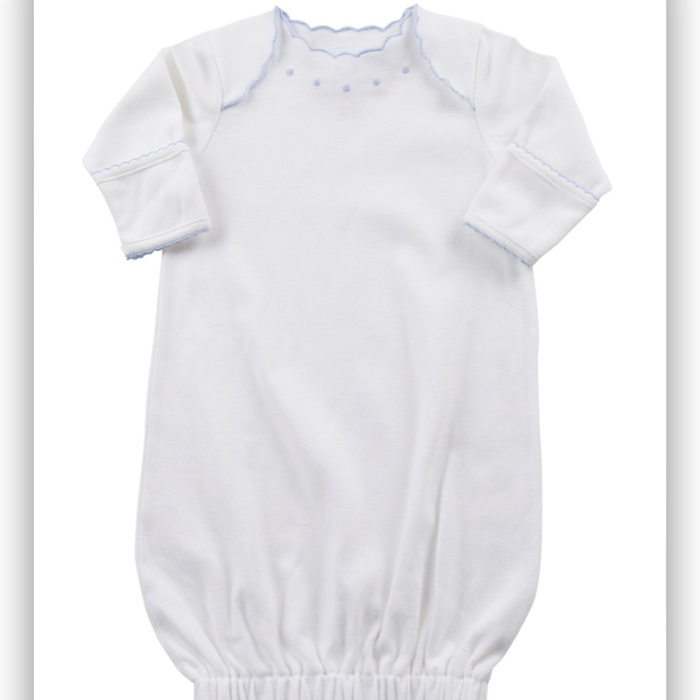 The Proper Peony Layette Dotson Sack white Newborn gown with blue trim, like-new